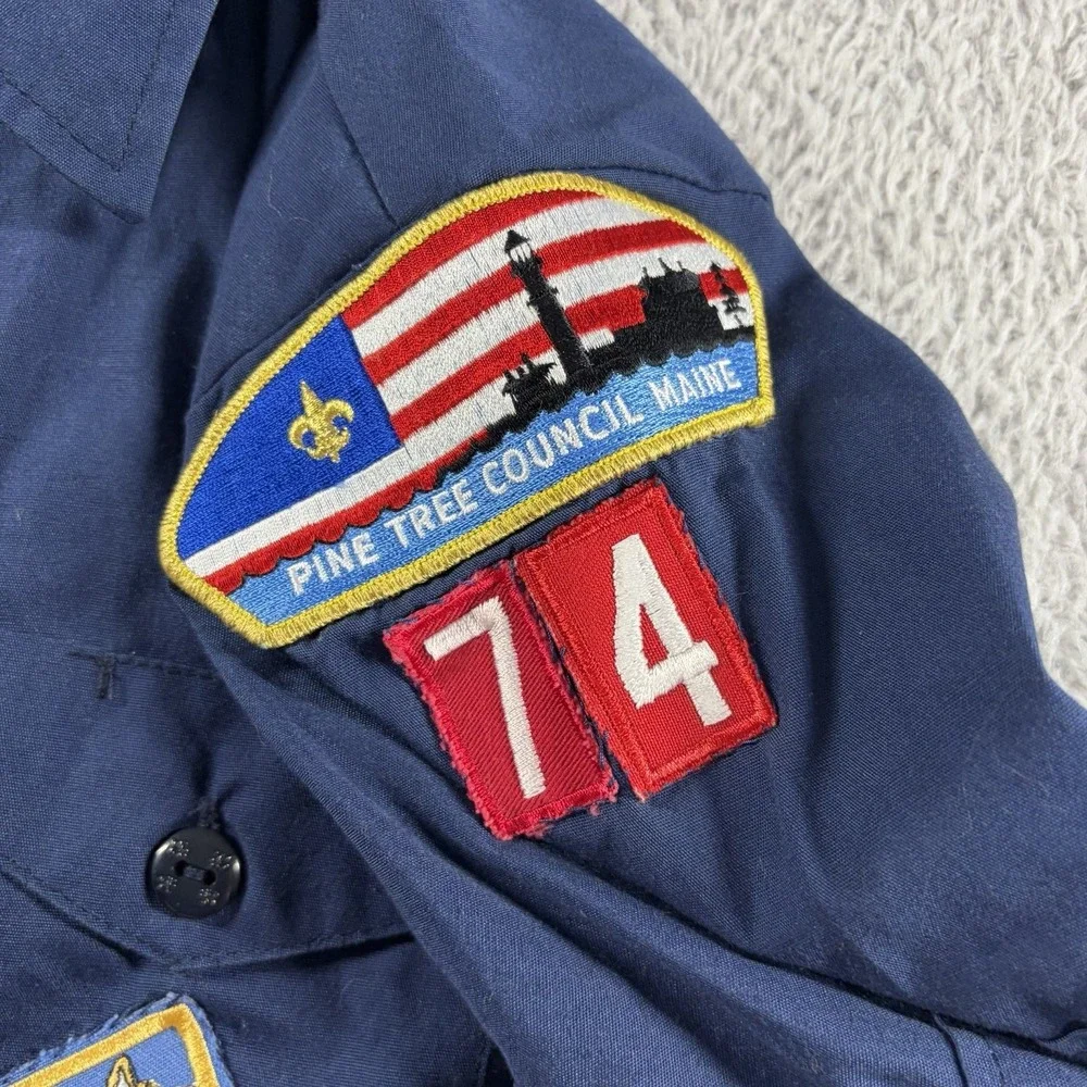 BSA Boy Scouts of America Shirt Youth Large Blue Short Sleeve Patches Made in US